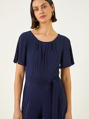 Roman Blue Pleat Neck Belted Jumpsuit - Image 4 of 5