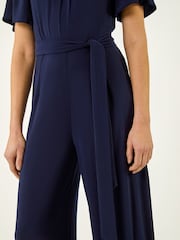Roman Blue Pleat Neck Belted Jumpsuit - Image 5 of 5