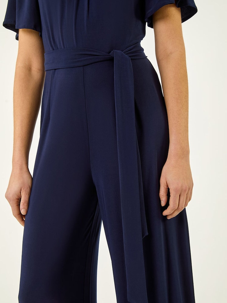 Roman Blue Pleat Neck Belted Jumpsuit - Image 5 of 5