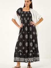 Roman Black Borderie Shirred Maxi Dress - Image 1 of 5