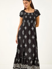 Roman Black Borderie Shirred Maxi Dress - Image 2 of 5