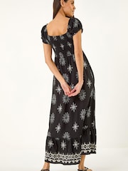 Roman Black Borderie Shirred Maxi Dress - Image 3 of 5