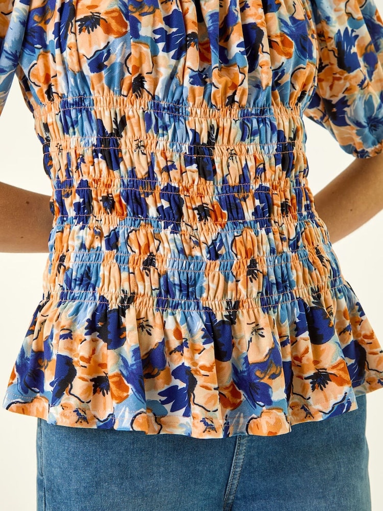 Roman Orange Floral Print Shirred Bardot Top - Image 6 of 6 Roman Orange Floral Print Shirred Bardot Top - Image 6 of 6