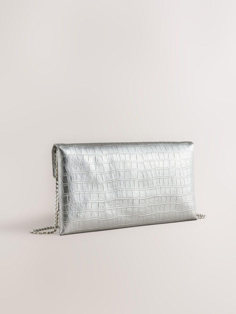 Silver Croc Effect Envelope Clutch Bag - Image 1 of 4 Silver Croc Effect Envelope Clutch Bag - Image 1 of 4