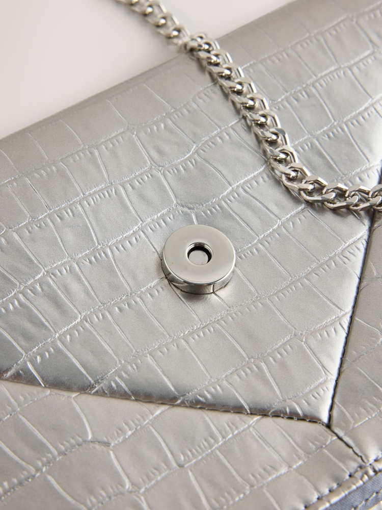 Silver Croc Effect Envelope Clutch Bag - Image 2 of 4 Silver Croc Effect Envelope Clutch Bag - Image 2 of 4