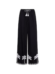 Chelsea Peers Black Linen-Blend Embroidered Scallop Edge Trousers - Image 5 of 5