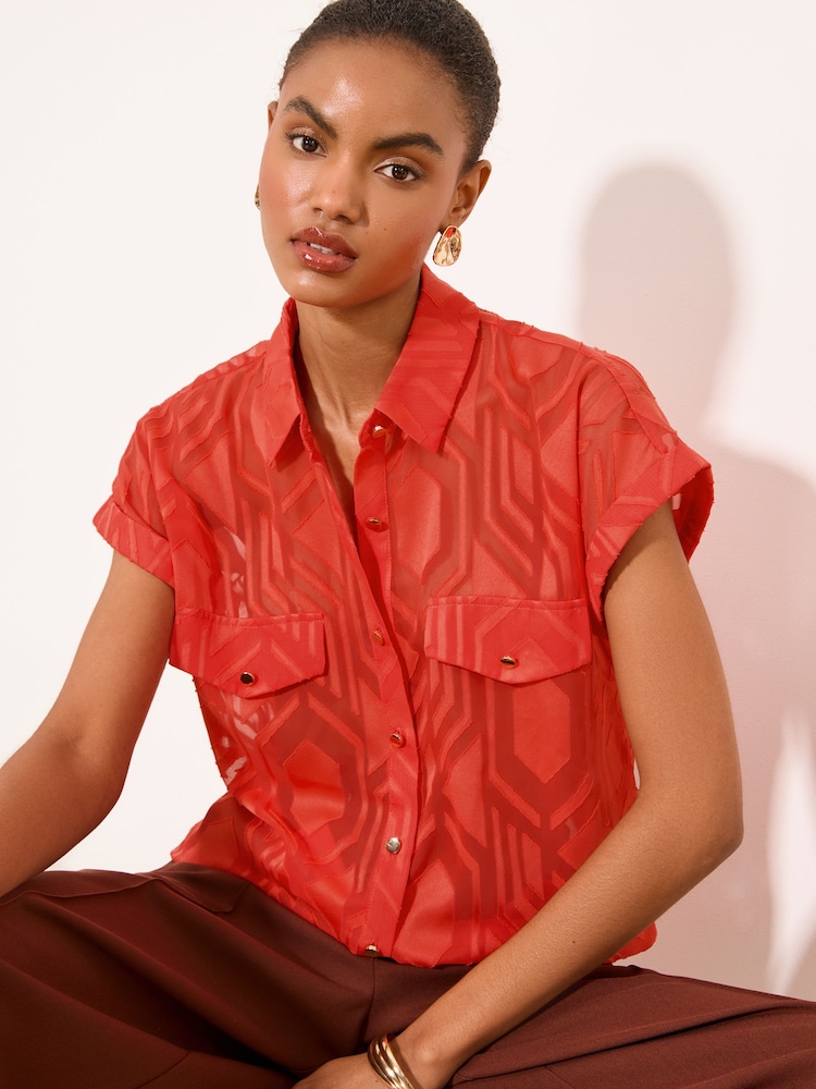 Lipsy Red Geo Burnout Short Sleeve Shirt - Image 1 of 4 Lipsy Red Geo Burnout Short Sleeve Shirt - Image 1 of 4