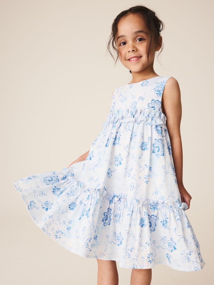 Blue and White Floral Tiered Smock Dress (3-16yrs) - Image 1 of 4