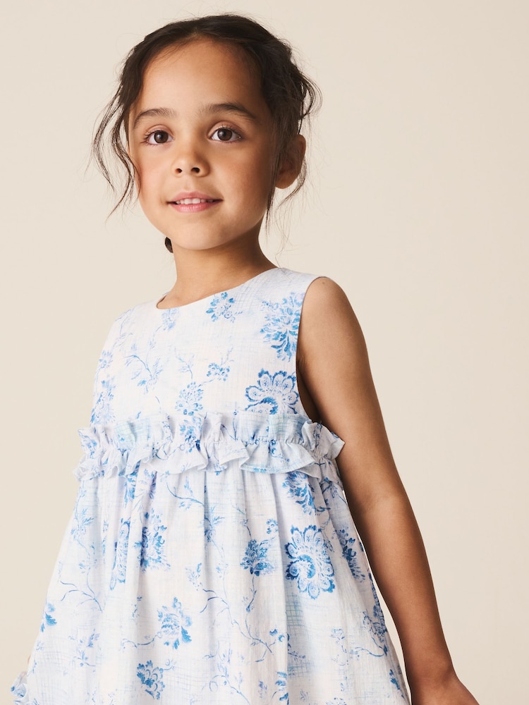 Blue and White Floral Tiered Smock Dress (3-16yrs) - Image 4 of 4