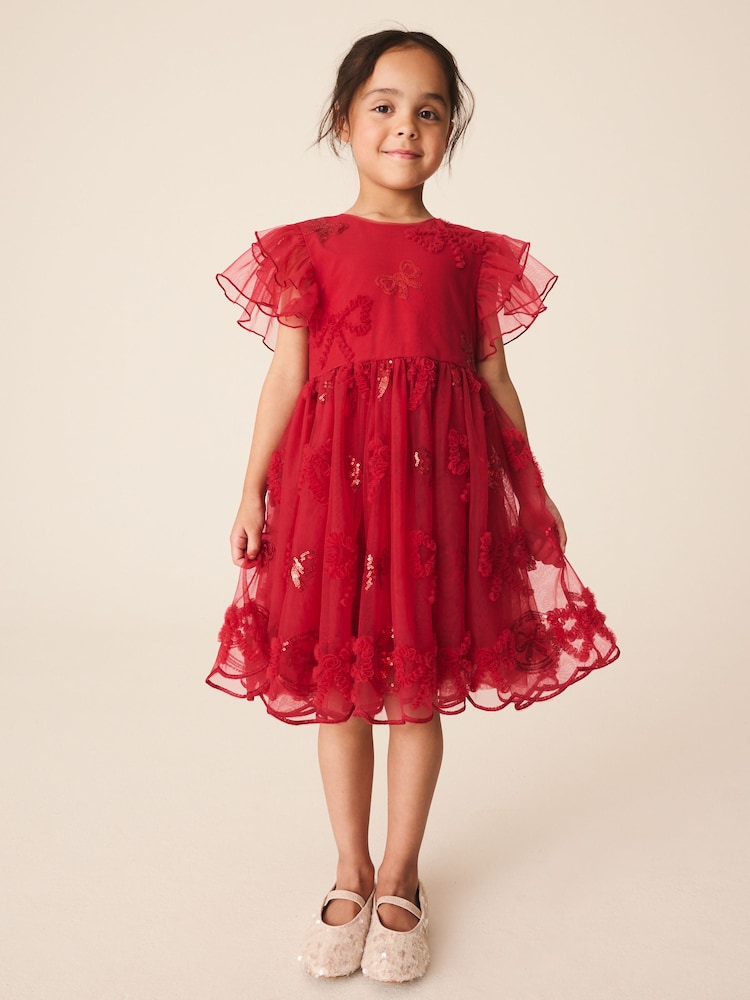 Red Bow Embellished Mesh Occasion Dress (3-16yrs) - Image 1 of 4