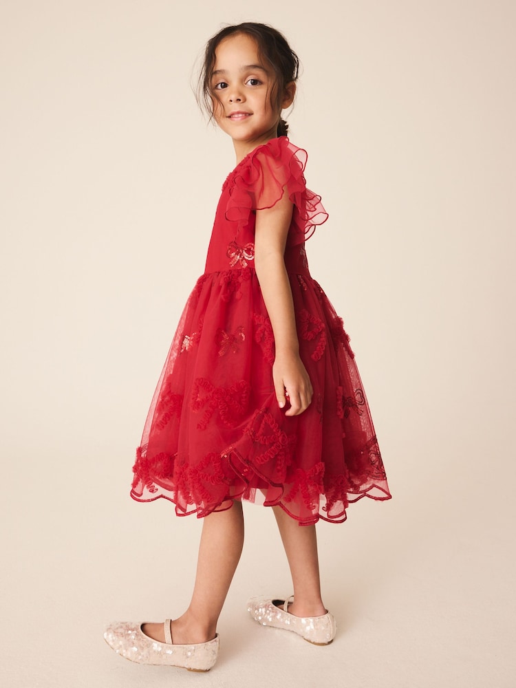 Red Bow Embellished Mesh Occasion Dress (3-16yrs) - Image 2 of 4