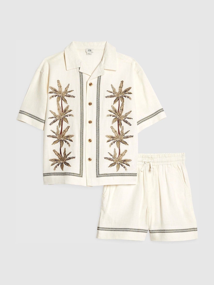 River Island Cream Embroidered Palm Shirt & Shorts Set - Image 1 of 5