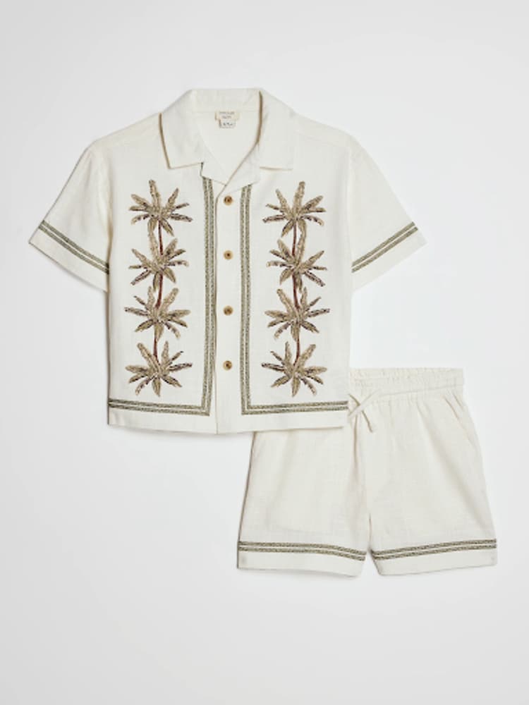 River Island Cream Embroidered Palm Shirt & Shorts Set - Image 1 of 1 River Island Cream Embroidered Palm Shirt & Shorts Set - Image 1 of 1