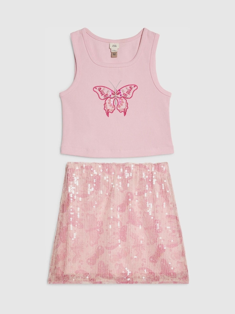 River Island Pink Butterfly Tank & Sequin Skirt Set - Image 1 of 4 River Island Pink Butterfly Tank & Sequin Skirt Set - Image 1 of 4