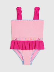 River Island Pink Logo Textured Frill Swimsuit - Image 1 of 4
