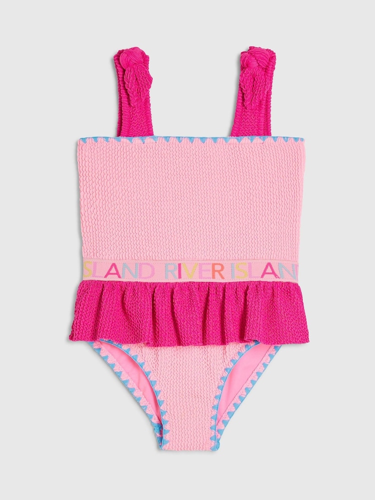 River Island Pink Logo Textured Frill Swimsuit - Image 1 of 4 River Island Pink Logo Textured Frill Swimsuit - Image 1 of 4