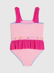 River Island Pink Logo Textured Frill Swimsuit - Image 2 of 4
