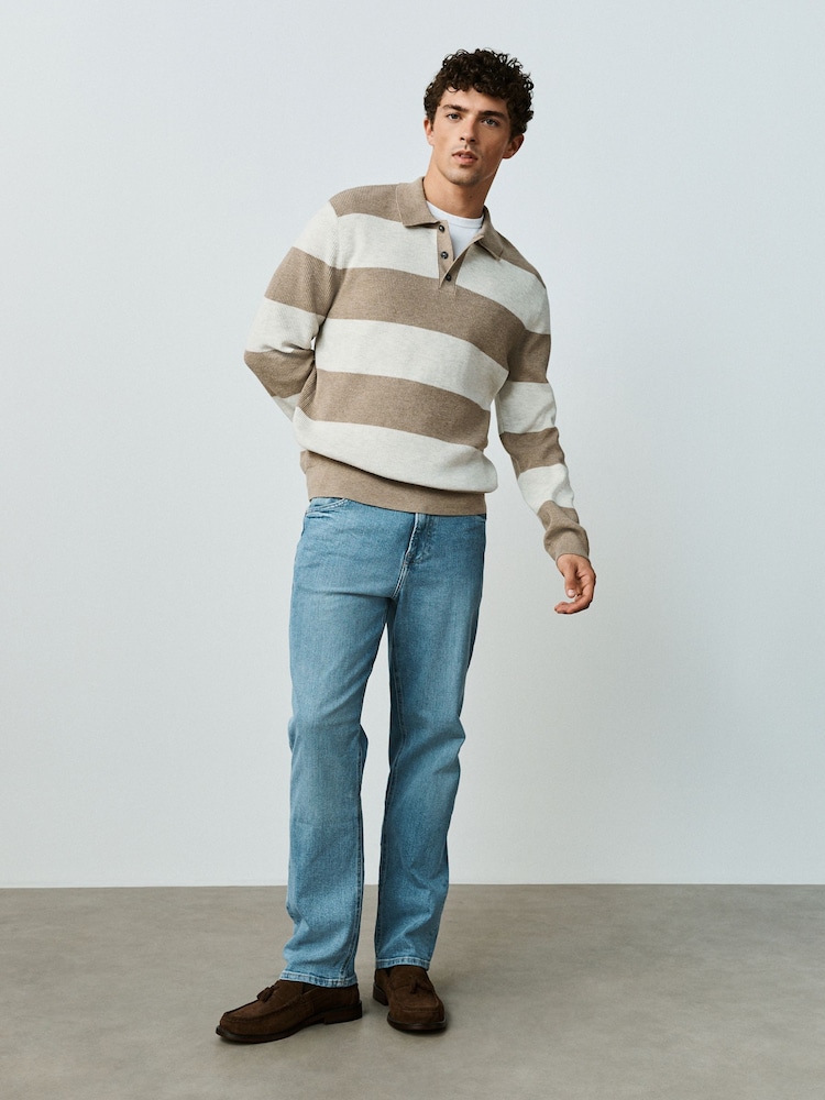 Ecru Stripe Ribbed Knitted Rugby Polo Shirt - Image 2 of 8 Ecru Stripe Ribbed Knitted Rugby Polo Shirt - Image 2 of 8