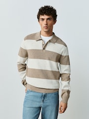 Ecru Stripe Ribbed Knitted Rugby Polo Shirt - Image 3 of 8