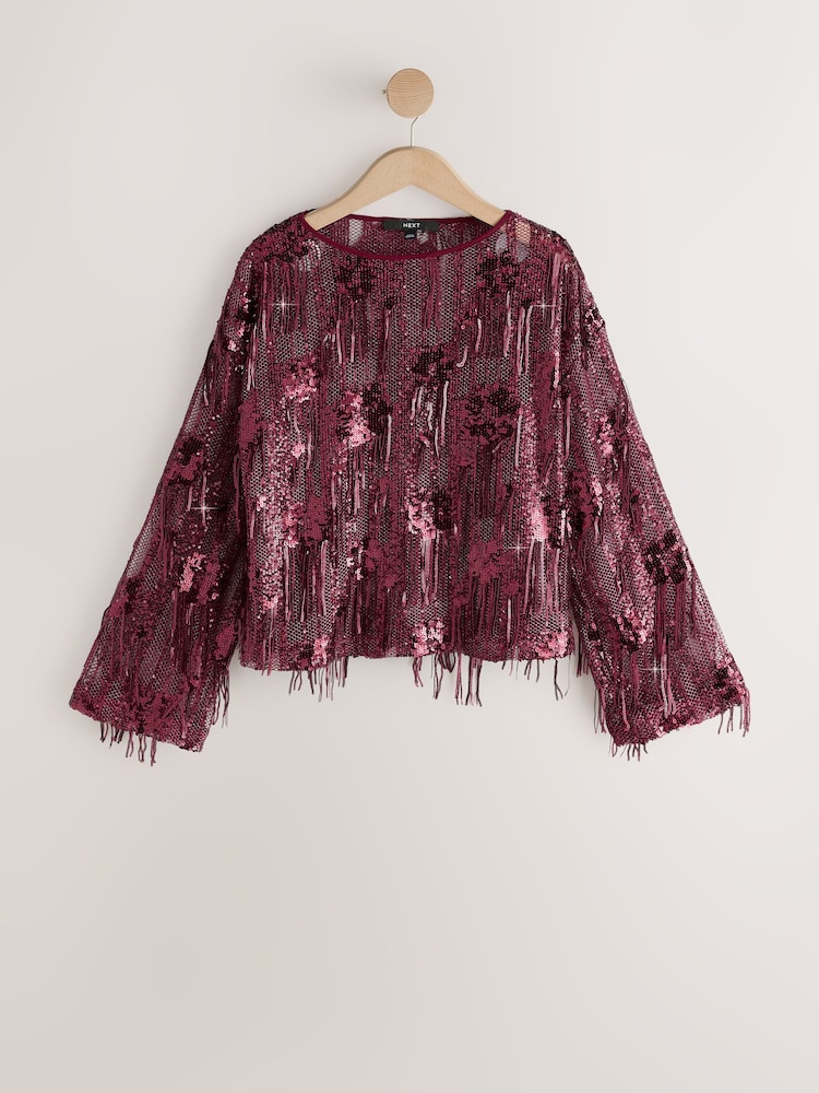 Burgundy Red Long Sleeved Sequin Tassel Top - Image 1 of 3 Burgundy Red Long Sleeved Sequin Tassel Top - Image 1 of 3