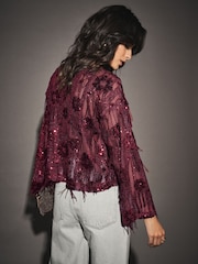 Burgundy Red Long Sleeved Sequin Tassel Top - Image 4 of 7