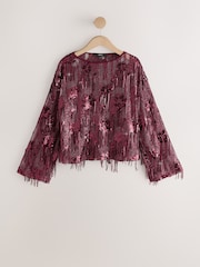 Burgundy Red Long Sleeved Sequin Tassel Top - Image 5 of 7