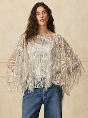 Plateado - Tassel Embellished Long Sleeved Cape Top - Imagen 1 de 5