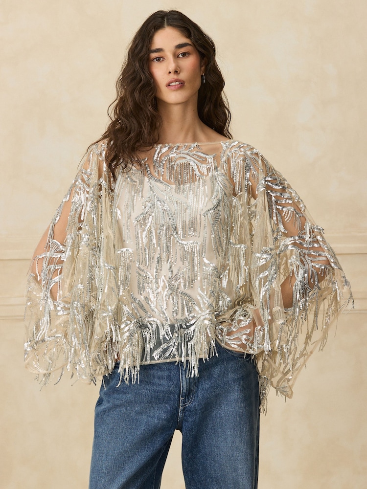 Plateado - Tassel Embellished Long Sleeved Cape Top - Imagen 1 de 5 Plateado - Tassel Embellished Long Sleeved Cape Top - Imagen 1 de 5