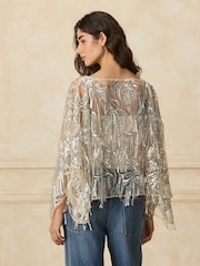 Plateado - Tassel Embellished Long Sleeved Cape Top - Imagen 4 de 5