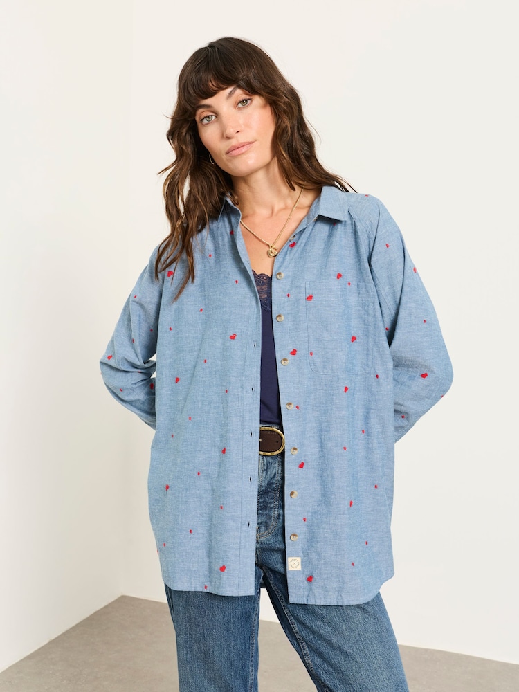 FatFace Bessie Chambray Blue Embroidered Check Shirt - Image 1 of 6 FatFace Bessie Chambray Blue Embroidered Check Shirt - Image 1 of 6