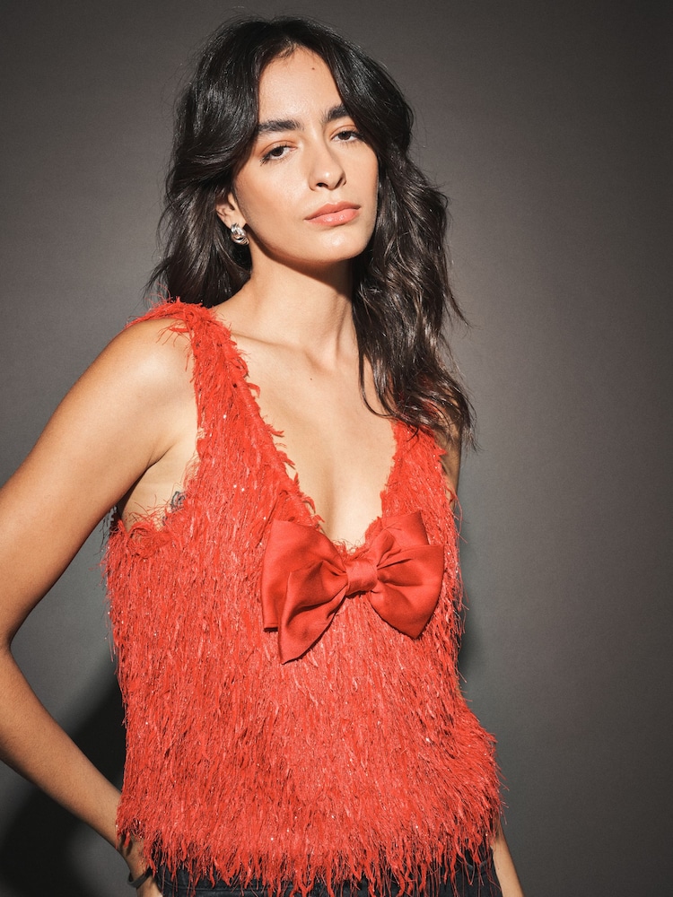 Red Sleeveless V-Neck Fluffy Bow Top - Image 1 of 7 Red Sleeveless V-Neck Fluffy Bow Top - Image 1 of 7