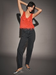 Red Sleeveless V-Neck Fluffy Bow Top - Image 2 of 7