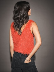 Red Sleeveless V-Neck Fluffy Bow Top - Image 3 of 7
