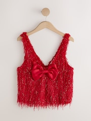 Red Sleeveless V-Neck Fluffy Bow Top - Image 5 of 7