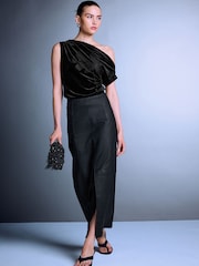 Black Sleeveless Floral Asymmetric Drape Top - Image 2 of 7