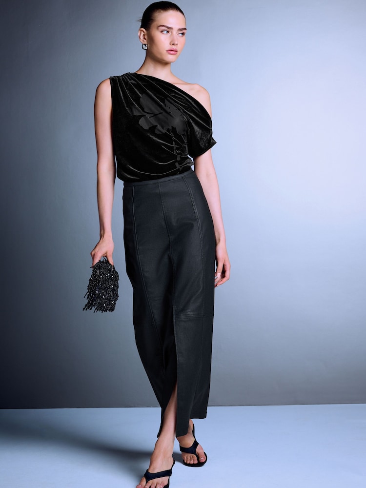 Black Sleeveless Floral Asymmetric Drape Top - Image 2 of 7 Black Sleeveless Floral Asymmetric Drape Top - Image 2 of 7