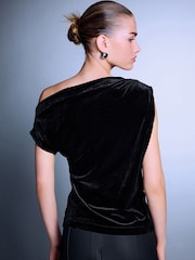 Black Sleeveless Floral Asymmetric Drape Top - Image 3 of 7