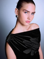 Black Sleeveless Floral Asymmetric Drape Top - Image 4 of 7