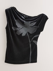 Black Sleeveless Floral Asymmetric Drape Top - Image 5 of 7