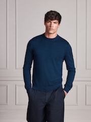 Navy Blue Merino Wool Crew Neck Jumper - Image 1 of 9