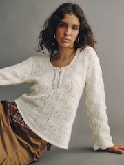 Ecru Pointelle Knit Long Sleeve Henley Jumper - Image 1 of 7