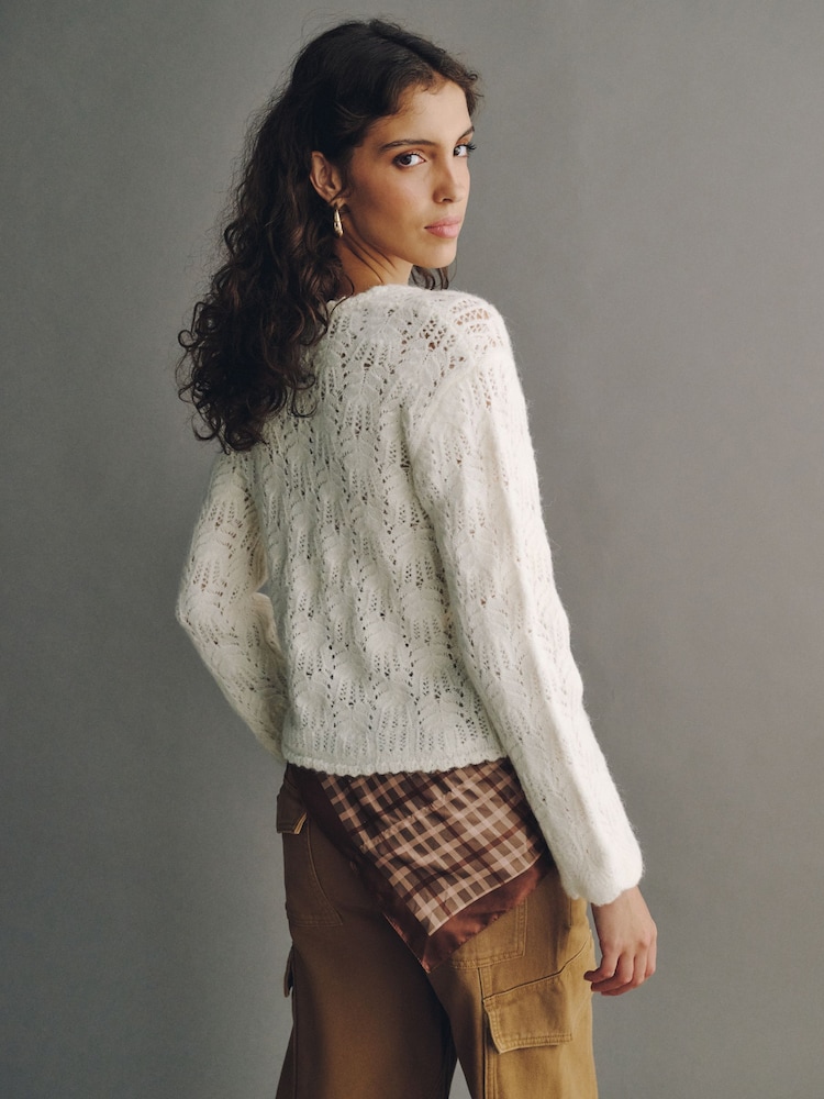 Ecru Pointelle Knit Long Sleeve Henley Jumper - Image 2 of 7 Ecru Pointelle Knit Long Sleeve Henley Jumper - Image 2 of 7