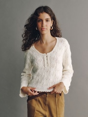 Ecru Pointelle Knit Long Sleeve Henley Jumper - Image 3 of 7