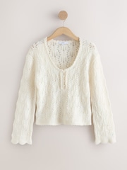 Ecru Pointelle Knit Long Sleeve Henley Jumper - Image 4 of 7