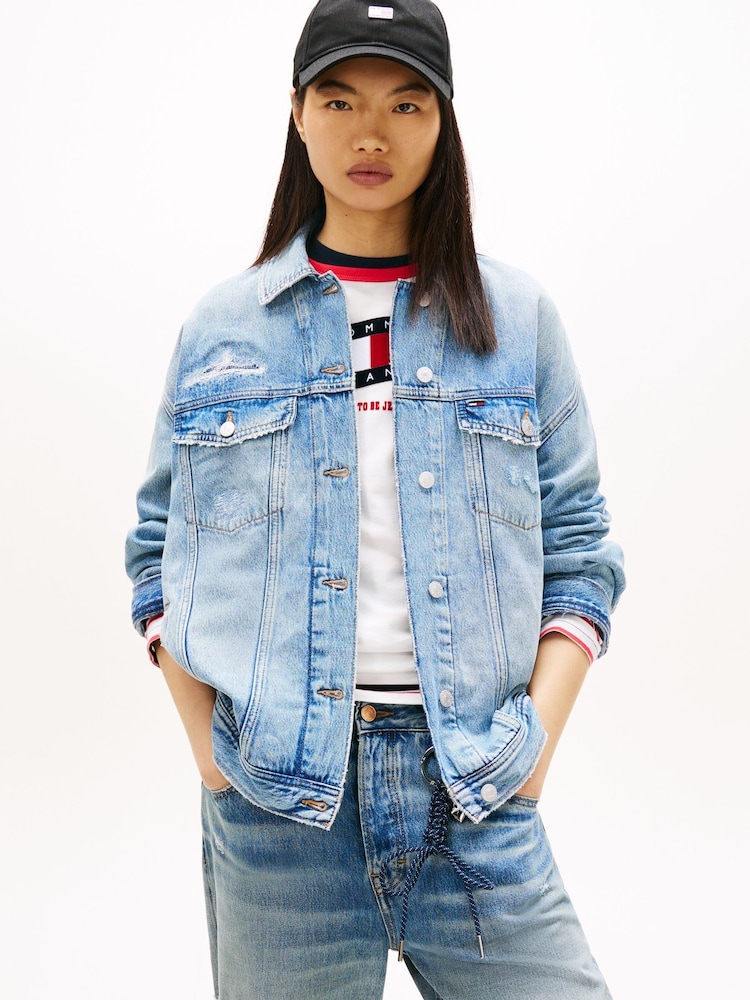 Tommy Jeans Blue Distressed Oversized Denim Trucker Jacket - Image 1 of 5