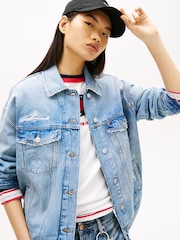 Tommy Jeans Blue Distressed Oversized Denim Trucker Jacket - Image 2 of 5