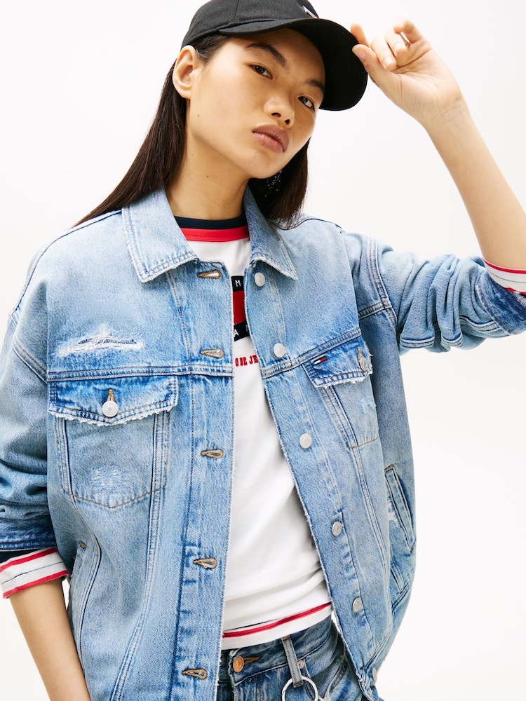 Tommy Jeans Blue Distressed Oversized Denim Trucker Jacket - Image 2 of 5