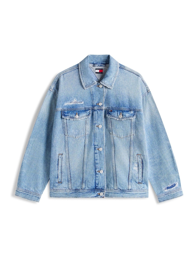Tommy Jeans Blue Distressed Oversized Denim Trucker Jacket - Image 5 of 5