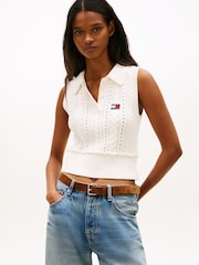 Tommy Jeans White Tommy Badge Washed Cable Knit Polo Jumper - Image 1 of 5