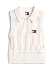 Tommy Jeans White Tommy Badge Washed Cable Knit Polo Jumper - Image 5 of 5